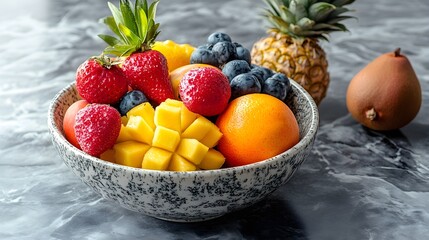 Fresh fruit salad in a bowl, featuring strawberries, blueberries, raspberries, mango, pineapple,...