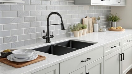 Matte Black Sink and Faucet Installation on a Kitchen Countertop With Gray Tiles. Generative AI