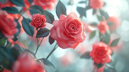 Beautiful arrangement of Peach colored roses with leaves on white background, high resolution photography, insanely detailed