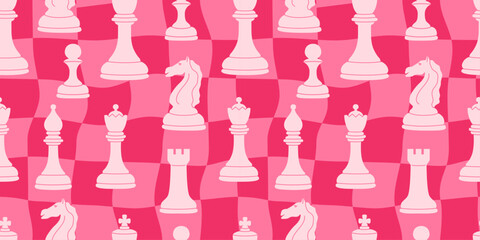 Seamless chess-themed pattern with classic chess pieces on a pink checkered background. Perfect for romantic, retro, or modern designs. Valentine's day. 14 february. Geometric background. Love, XOXO.