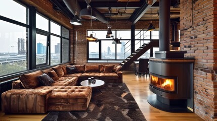 A cozy and inviting industrial-style loft apartment with a plush brown sectional sofa, expansive windows, and a modern fireplace overlooking a bustling cityscape