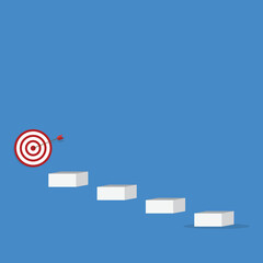 Goal, motivation to success. Climb up stairs to reach goal target on the top.
