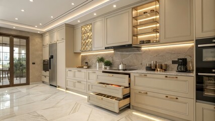 Modern Kitchen Renovation With Soft Beige Cabinetry and Sleek Drawers in a Contemporary Setting. Generative AI