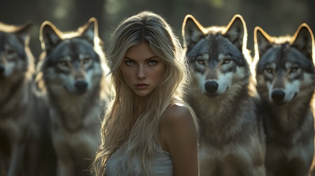 Beautiful young blonde and wild girl stands in front of wolves