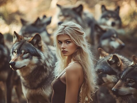 Beautiful young blonde and wild girl stands in front of wolves