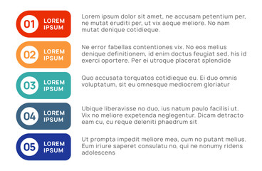 Five vibrant, numbered bullet points featuring example text, illustrating steps in a project or process, effectively conveying information in a clear and organized manner