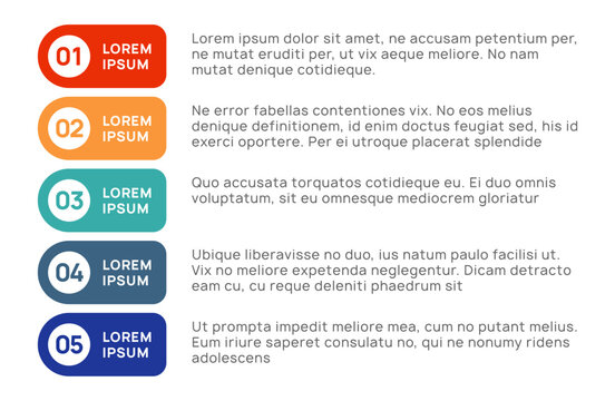 Five vibrant, numbered bullet points featuring example text, illustrating steps in a project or process, effectively conveying information in a clear and organized manner