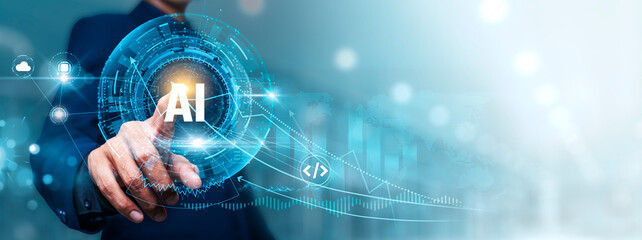 AI (Artificial Intelligence): Businessman touching connect to data information on cyberspace, machine learning, data analytics, automation, predictive modeling, neural networks.