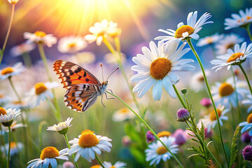 Butterfly on daisies in a sunlit field. (1) © LIA
