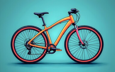 Fototapeta premium A vibrant orange and pink modern bicycle stands against a bright turquoise background, showcasing a sleek design and sporty appeal, ideal for outdoor enthusiasts.