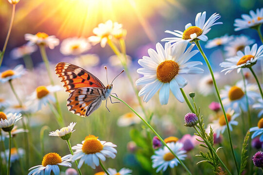 Butterfly on daisies in a sunlit field. (1)