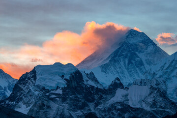 Nepal, Sunrise in the Himalayas, Fiery Cloud over the Everest Summit, View from Gokyo Ri Peak