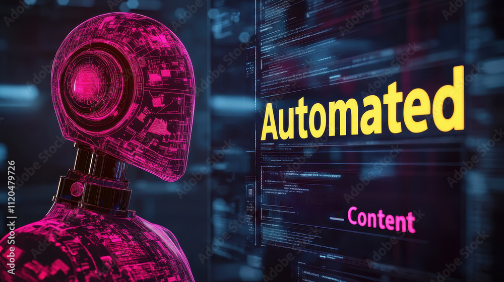 Poster futuristic ai robot with automated content text in digital environment
