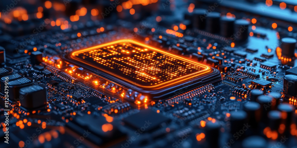 Poster advanced microchip circuit board with glowing lights in modern electronics