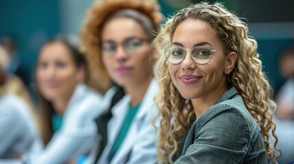 Fototapeta premium Focused Portrait of a Smiling Woman with Curly Blonde Hair and Glasses Among Colleagues in a Professional Meeting Setting