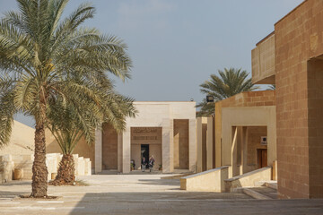 Saqqara, Eqypt: Palm trees line the path to the modern entrance of the Imhotep Museum, opened in 2006.