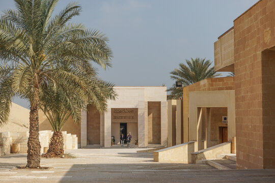 Saqqara, Eqypt: Palm trees line the path to the modern entrance of the Imhotep Museum, opened in 2006.