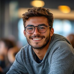 Obraz premium Smiling young man in casual sweater indoor urban setting lifestyle photography upbeat mood portrait viewpoint for engaging content