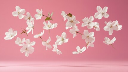 Fototapeta premium Delicate white cherry blossoms floating gracefully against a soft pastel pink background.