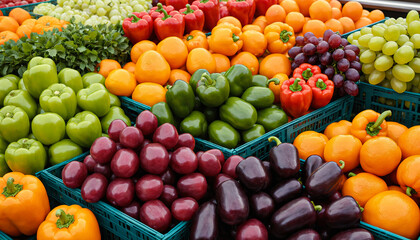 Colorful fruits and vegetables in the produce section of the grocery store