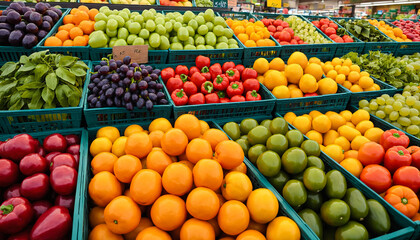 Colorful fruits and vegetables in the produce section of the grocery store. fruits shop