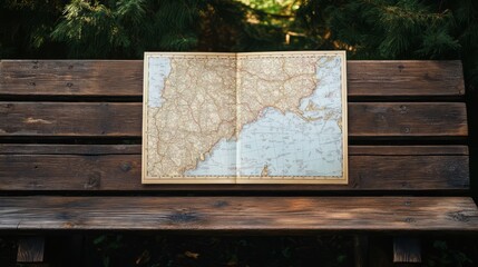 Open map on wooden bench outdoors.