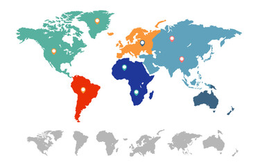 Fototapeta premium Colorful world map showing continents with location pins, emphasizing global connections and providing a visual representation of different regions