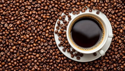 Fototapeta premium A white porcelain cup of coffee on roasted beans, captured with natural lighting.