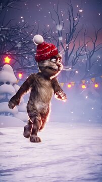  Funny cat dances in a Santa Claus hat on a festive Christmas background. Snow-covered landscape with decorated Christmas trees. Animated video for holiday cards, festive events, and New Year's partie