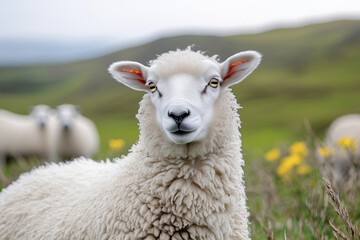 Obraz premium Sheep grazing peacefully along a lush mountain range in early spring