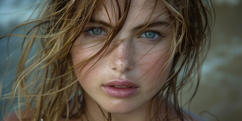 A young woman with captivating blue eyes gazes directly at the camera, her hair windswept, embodying a serene and mysterious expression that reflects the essence of a natural, beach-inspired portrait