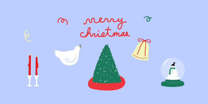 Festive Christmas icon set vector illustration. Merry Christmas. Christmas tree, bell, snowman in snow globe, dove, candle. 