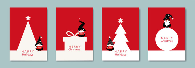 Set Christmas card in modern minimalist geometric style and Scandinavian nordic gnome, elf. Elements for calendar, greetings cards or Happy New Year themed winter holiday invitations red background