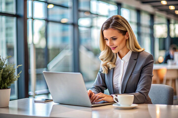 Fototapeta premium Confident businesswoman working on laptop in modern office.