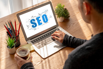 SEO search engine optimization for modish e-commerce and online retail business showing on computer...