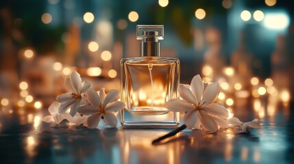 Perfume bottle with gardenia flowers and vanilla bean on dark background with bokeh lights.