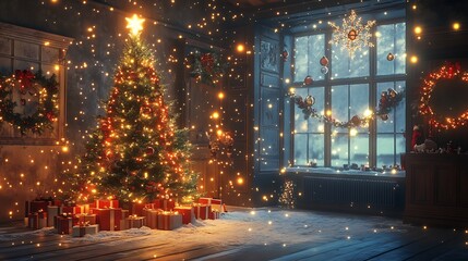 Interior Christmas scene with a magically glowing tree and festive decorations.