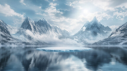 Serene Winter Landscape  Frozen Lake  Majestic Snow Mountains  Calm Waters  Breathtaking V