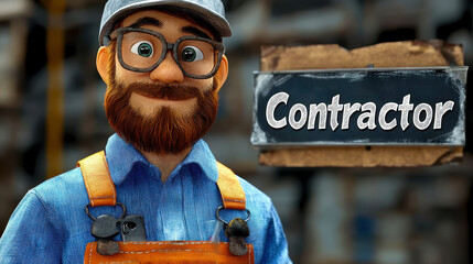3D Illustration of Trusted Contractor Worker in Professional Gear with Sign
