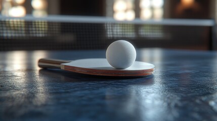 Ping pong paddle and ball on table. (1)