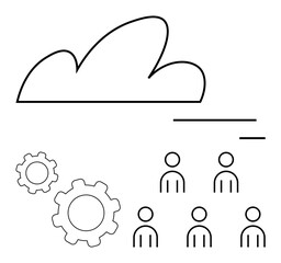 Cloud with two gears and six people. Ideal for cloud computing, teamwork, integration, digital transformation, innovation, collaboration, technology. Line metaphor