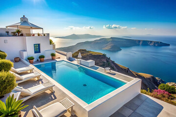 Fototapeta premium Stunning Santorini villa with infinity pool overlooking the Aegean Sea.