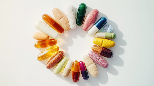 Colorful variety of multivitamin capsules in circular arrangement for health and wellness