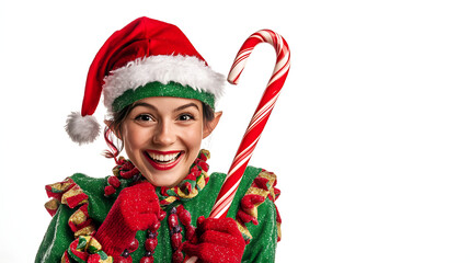 Christmas elf holding a candy isolated on white
