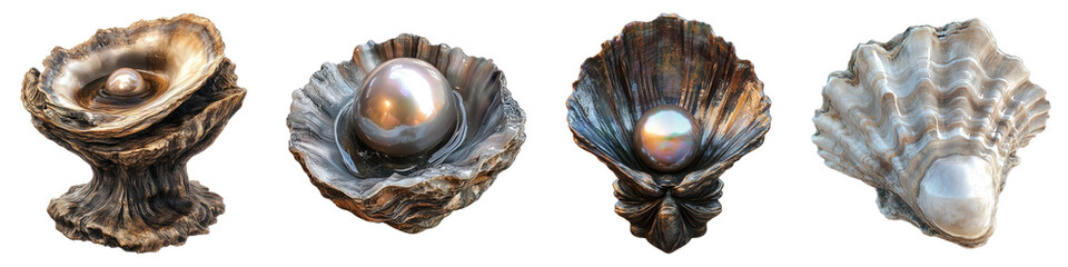 Oyster with a giant pearl isolated on transparent background, Set of