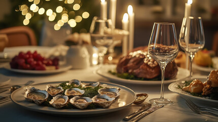 Fototapeta premium Luxurious dinner spread with local ingredients and elegant ambiance ideal for celebrations