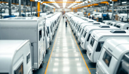 Obraz premium A neat caravan factory with symmetrical rows of white caravans, gleaming under bright lighting.