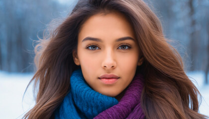 Fototapeta premium close up female model posing in the winter setting, colors pop and enhancing her face details