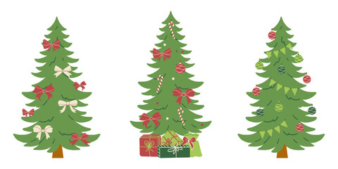 Merry Christmas simple card on white background with handwritten text. Set of flat designs of Christmas tree with Christmas bows, balls and gifts.