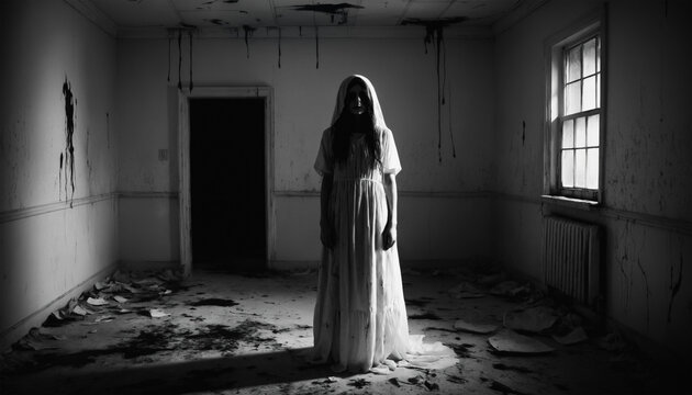 Fototapeta spooky abandoned hospital interior background black and white photo realistic some walls show blood stains, in the middle creepy woman